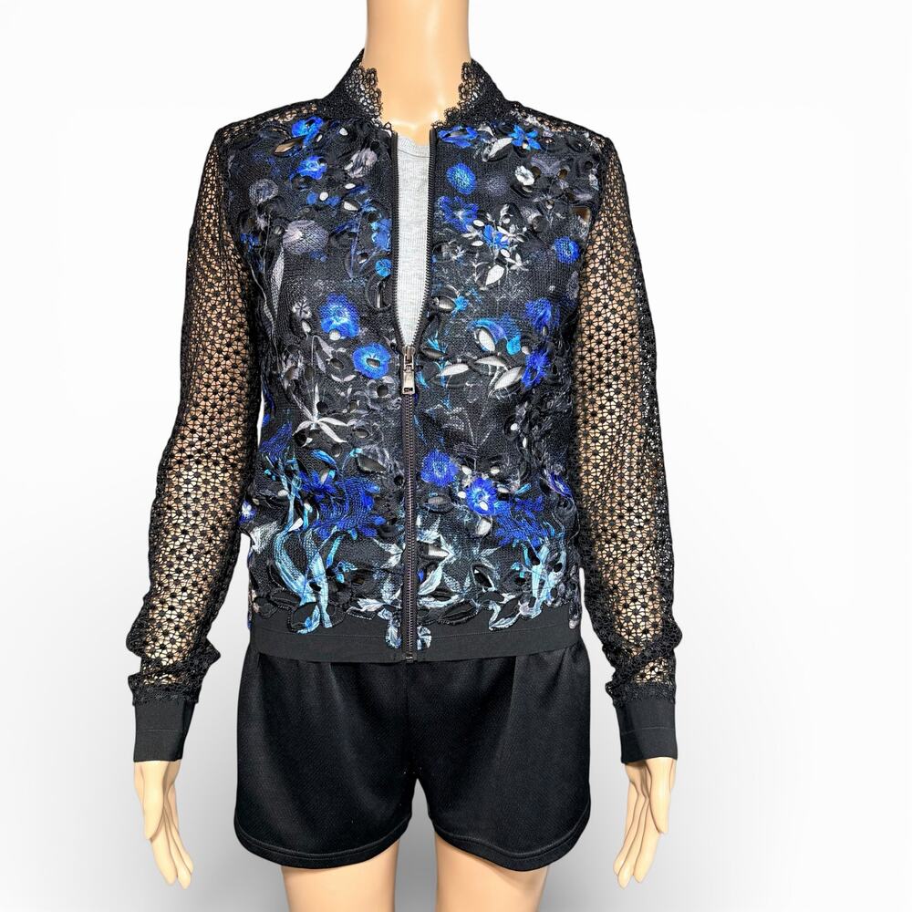 Elie Tahari Womens Brandy Floral Lace Bomber Jacket Sheer Black Blue XS - Picture 2 of 13